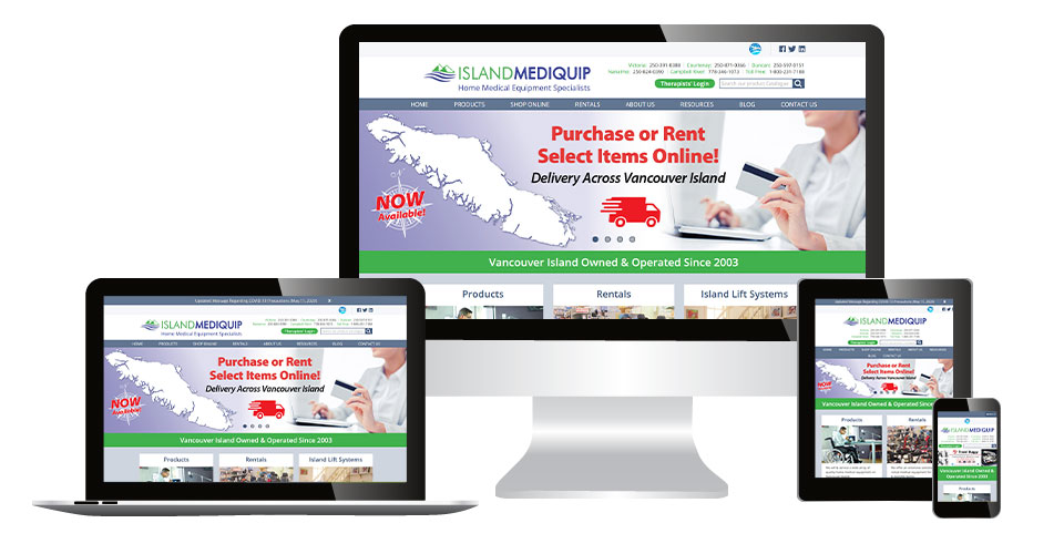 Island Mediquip home page displaying on multiple devices