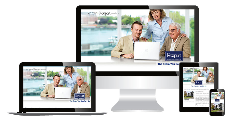 Newport Property Management home page displaying on multiple devices